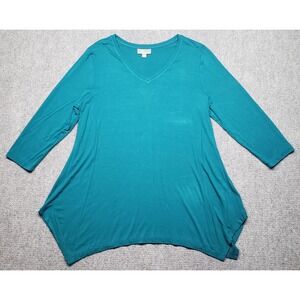 JM Collection Blouse Womens XL Teal V Neck 3/4 Sleeve Asymmetrical Pullover Top